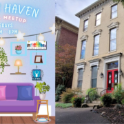 Trans Haven A split image showing a promotional graphic for Trans Haven on the left and the exterior of the Louisville Pride Center on the right. The graphic features a pastel living-room illustration with a trans pride flag, plants, lamps, and logos for the Louisville Pride Center and LTMA, advertising a Trans Haven social meetup held Tuesdays from 6 to 8 p.m. The right side shows the Louisville Pride Center’s beige historic building with tall windows, a red front door, and landscaped greenery along the walkway.