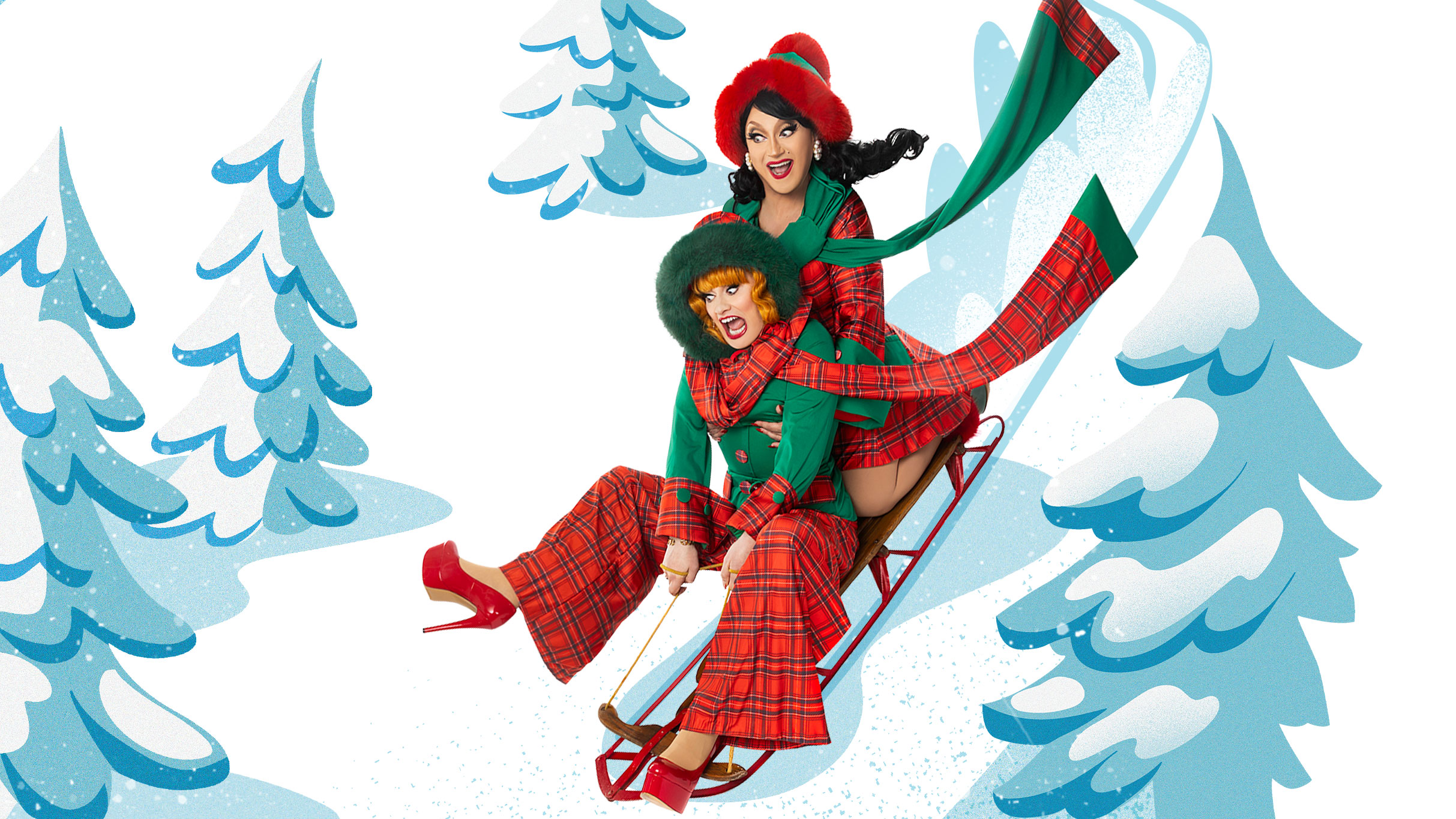 Drag performers Jinkx Monsoon and BenDeLaCreme wear festive red-and-green plaid outfits and red heels while sledding down a snowy hill, promoting The Jinkx & DeLa Holiday Show.