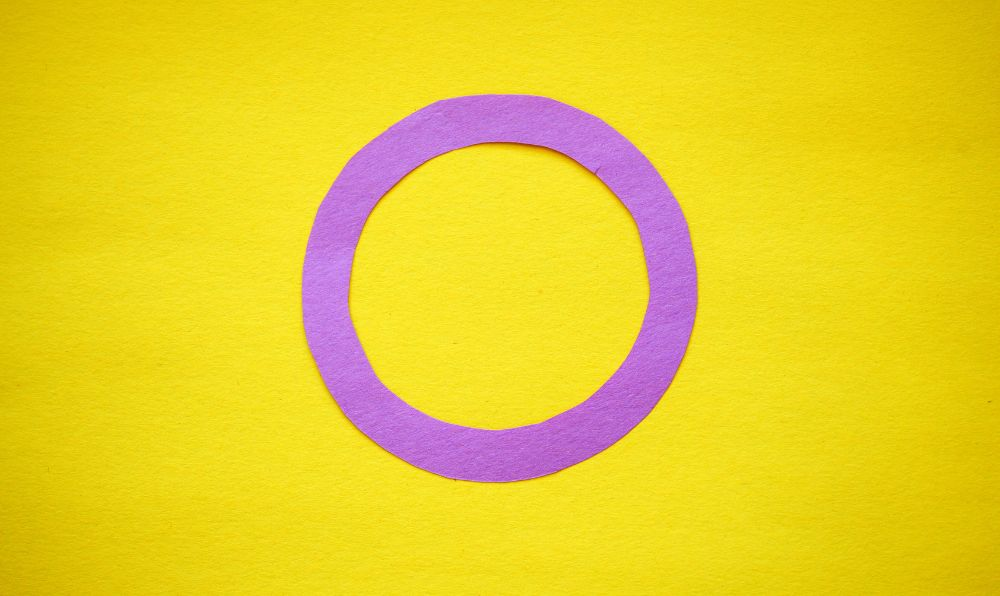 A purple circle overlays a yellow background composing the Intersex Flag
