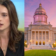 Photo showing journalist Olivia Krauth speaking during a broadcast next to an image of the Kentucky State Capitol building in Frankfort at sunset.