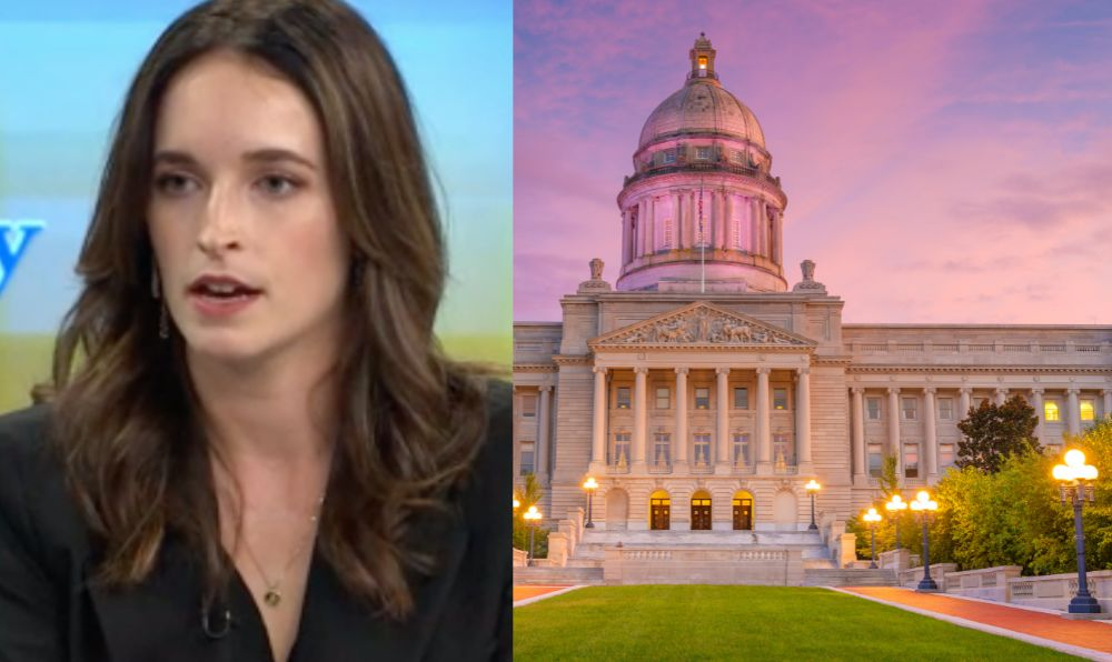 Photo showing journalist Olivia Krauth speaking during a broadcast next to an image of the Kentucky State Capitol building in Frankfort at sunset.