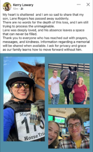 Photo collage of Lane Rogers smiling in several moments of his life, including wearing riding gear beside a horse at a horse trial, standing with his mother next to a black horse in a fenced pasture, and posing with a friend indoors at a sports bar, showing him as an avid equestrian and loved family member.