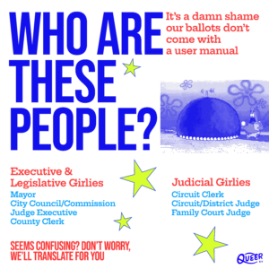 Illustration breaking down executive, legislative, and judicial offices to help queer voters understand what different ballot positions actually do.