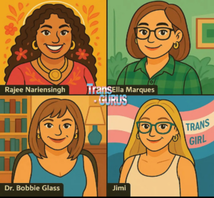 A colorful illustrated graphic divided into four panels featuring cartoon portraits labeled Rajee Narinesingh, Ella Marques, Dr. Bobbie Glass, and Jimi. The words “Trans Gurus” appear in the center. One panel includes a background with the transgender pride flag and the words “Trans Girl.”