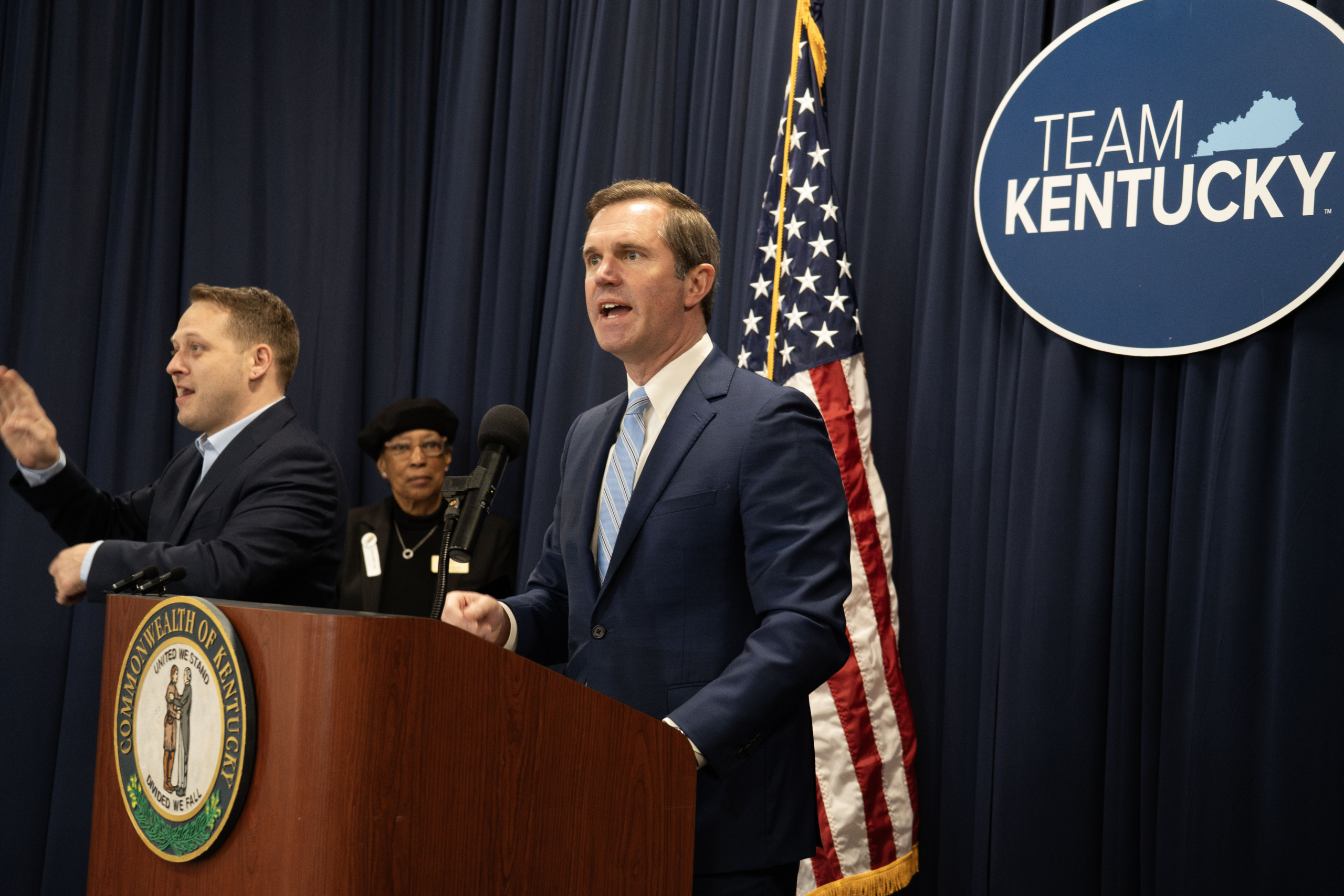 Kentucky Gov. Andy Beshear speaks at the Fairness Rally in Frankfort during the 2026 legislative session as anti-LGBTQ bills advance.