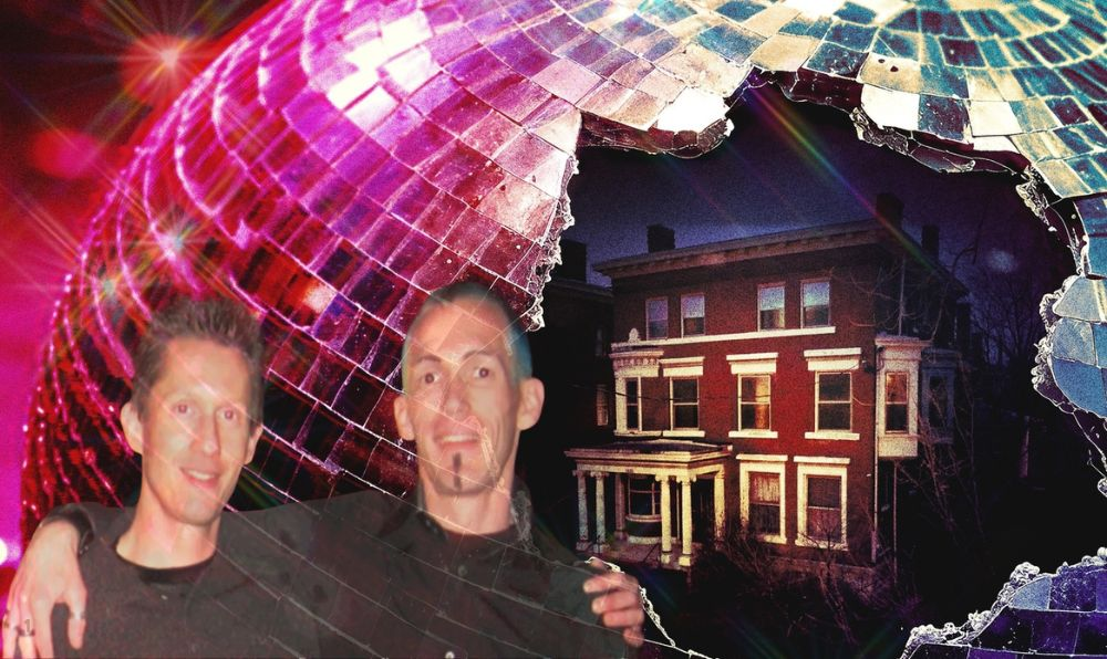Composite image featuring a cracked disco ball framing a Victorian mansion at night in Old Louisville, with two men in the foreground, representing the HBO docuseries Murder in Glitter Ball City and the case explored in the series.